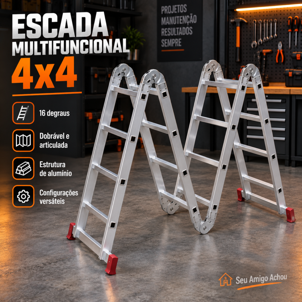 Escada multifuncional BotaFogo de alumínio 4x4 com 16 degraus, dobrável e articulada