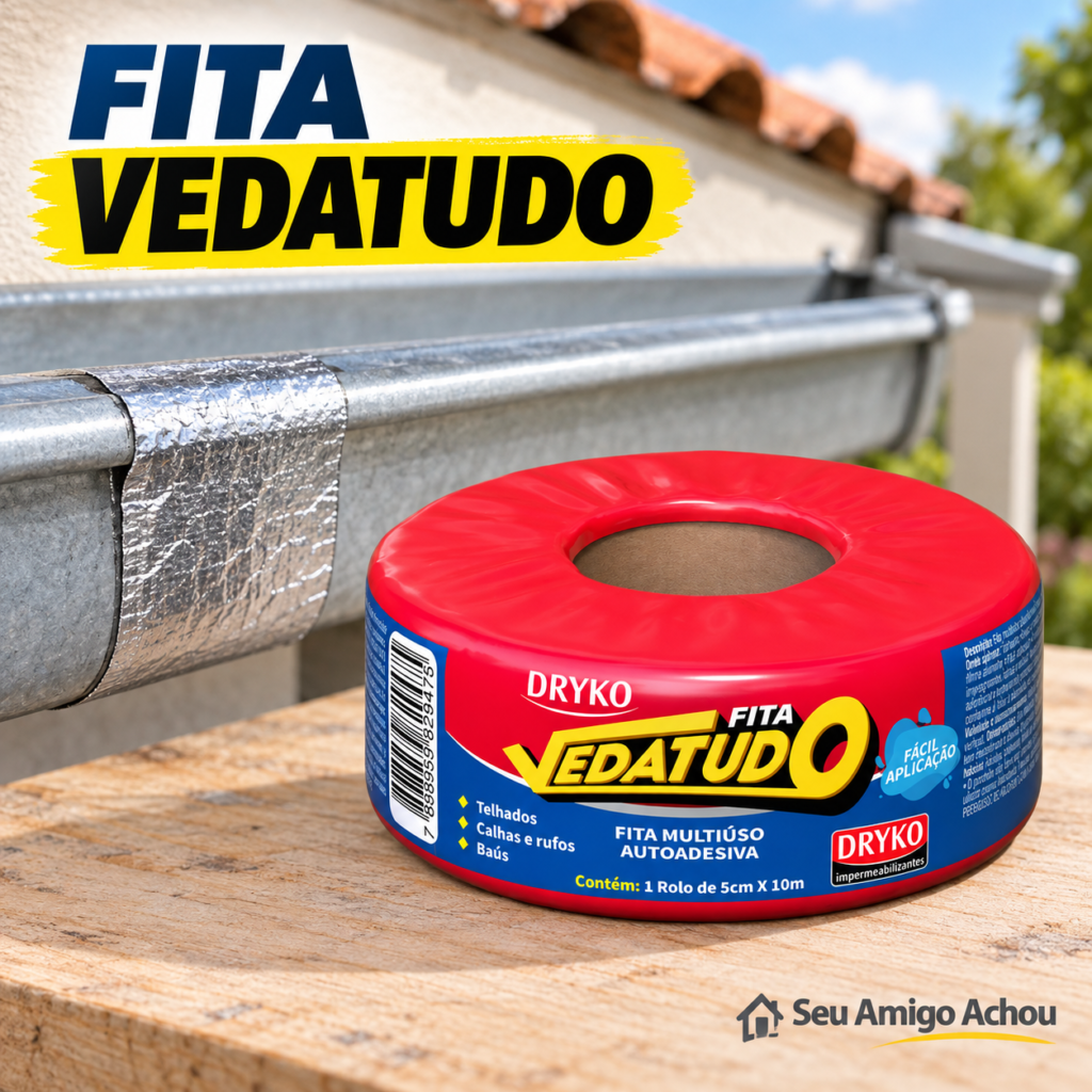 Fita asfáltica aluminizada Dryko Vedatudo 5 cm por 10 m aplicada em uma emenda de calha