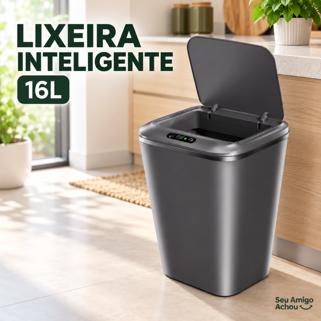 Lixeira inteligente automática cinza de 16 litros com sensor e recarga USB