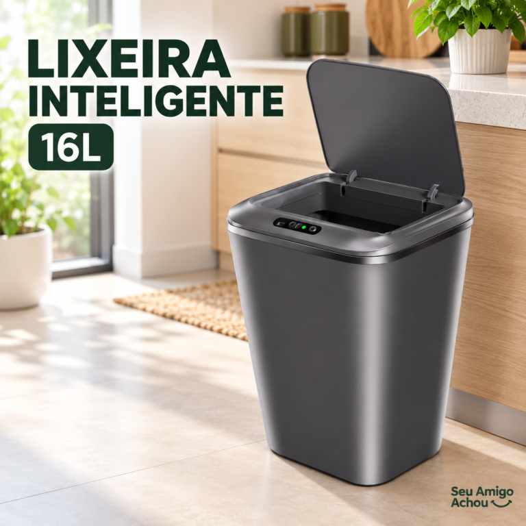 Lixeira inteligente automática cinza de 16 litros com sensor e recarga USB
