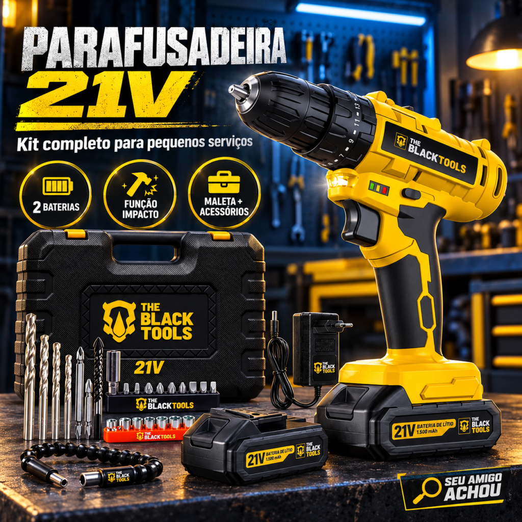 Parafusadeira e furadeira de impacto The Black Tools 21V com duas baterias, maleta e acessórios