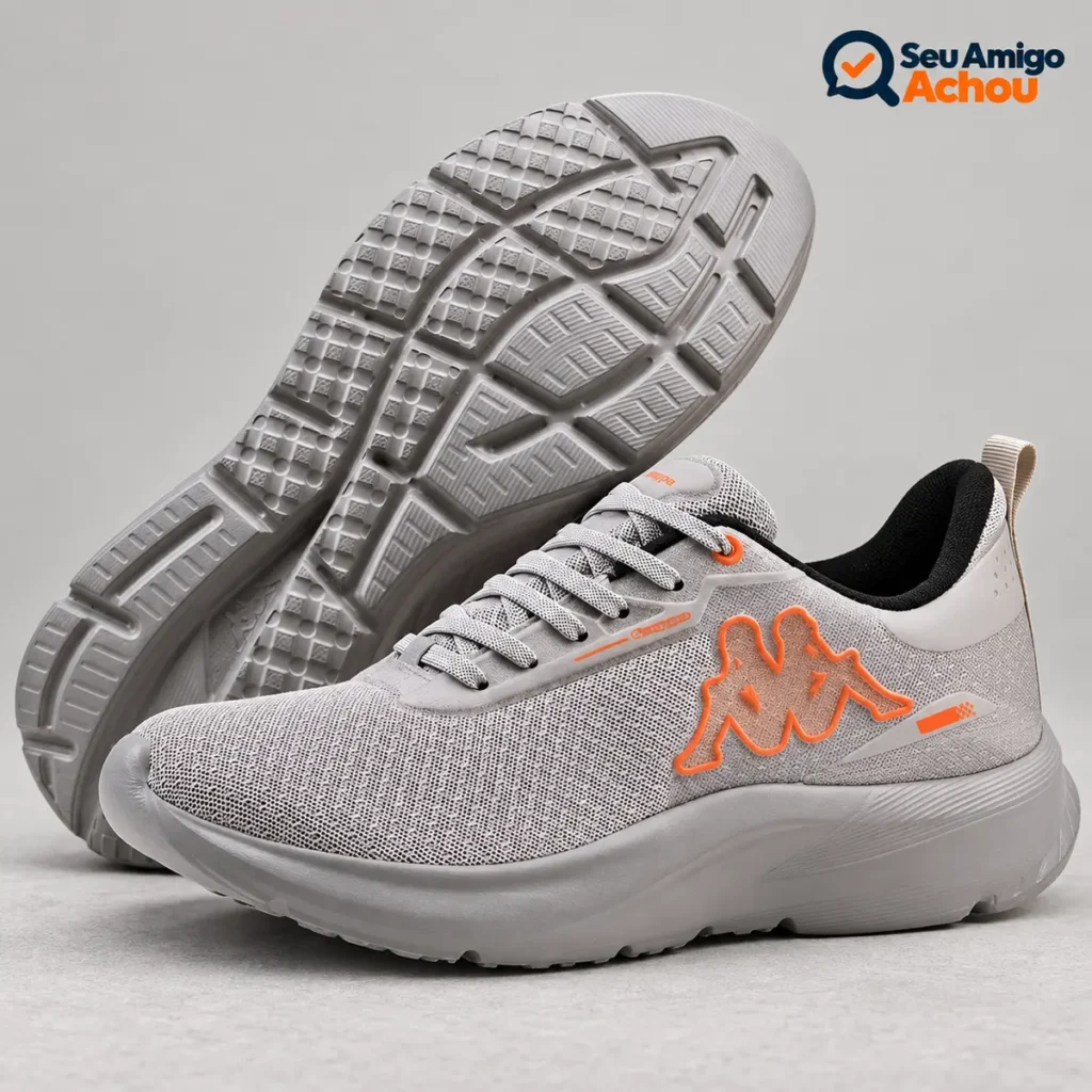 Tênis Kappa Park 2.0 original cinza com detalhes laranja, vista lateral e solado
