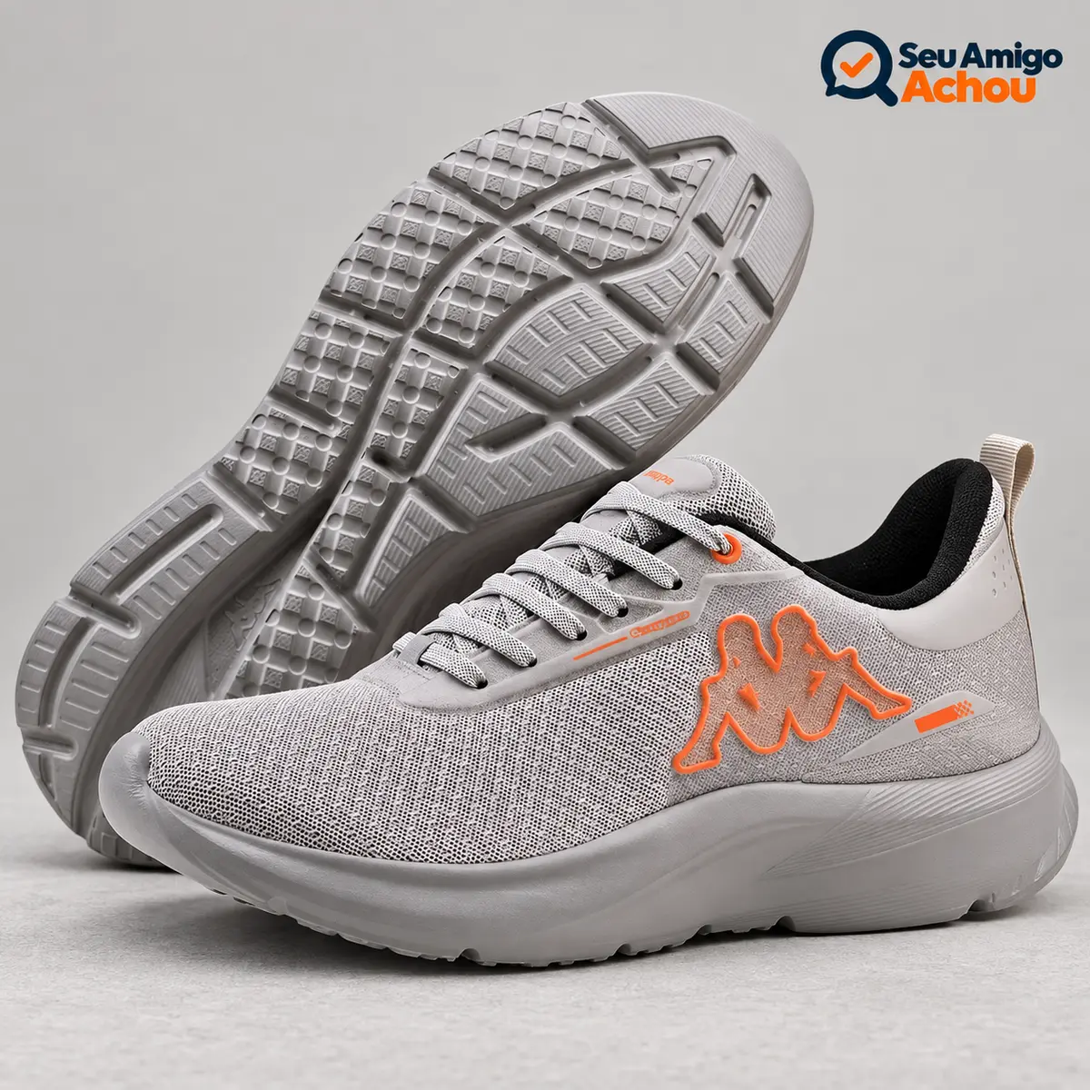 Tênis Kappa Park 2.0 original cinza com detalhes laranja, vista lateral e solado