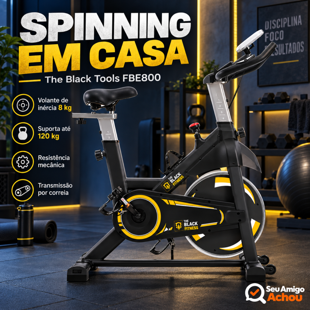 Bicicleta ergométrica spinning The Black Tools FBE800 preta e amarela com volante de inércia de 8 kg