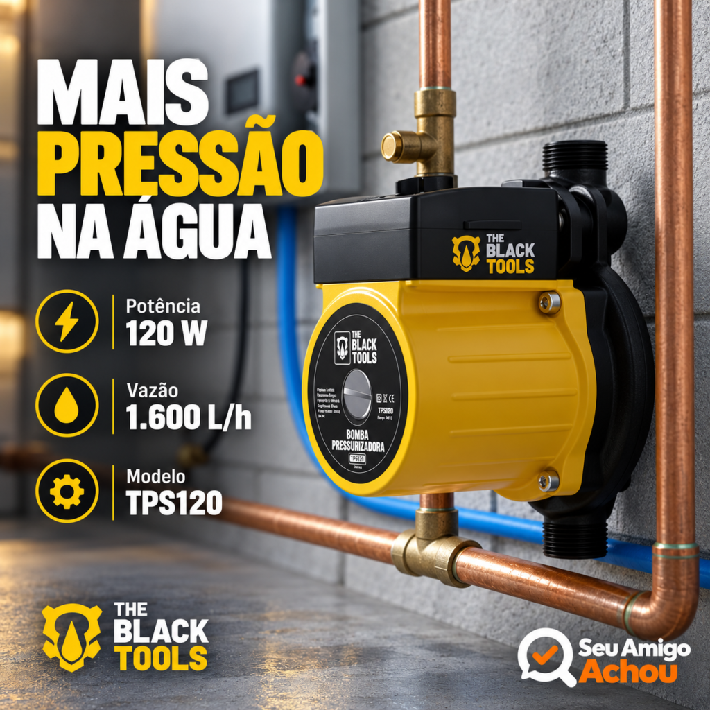 Bomba pressurizadora de água The Black Tools TPS120 amarela de 120 watts instalada em tubulação residencial
