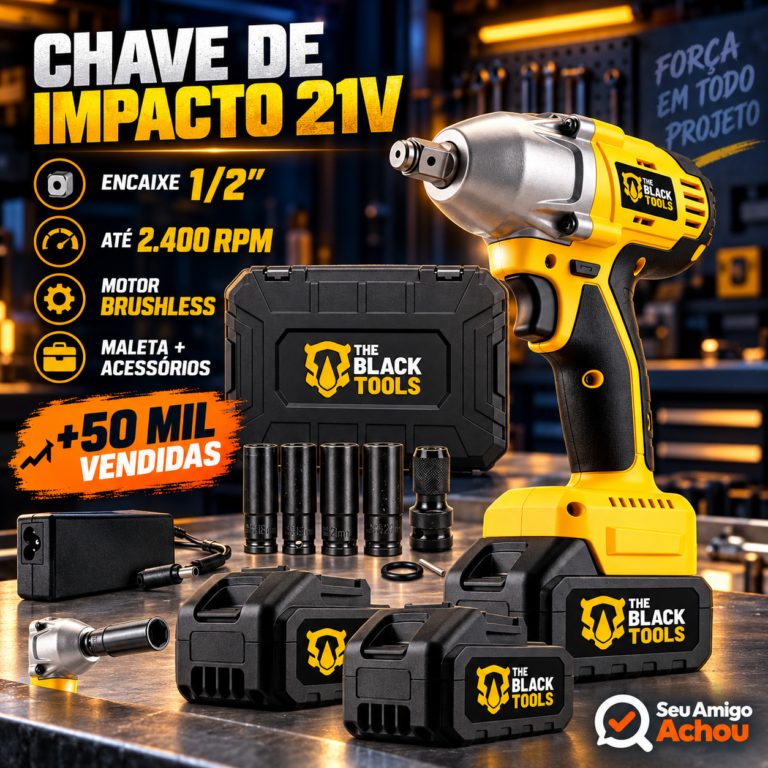 Chave de impacto The Black Tools 21V com encaixe de meia polegada, maleta, baterias, carregador e soquetes