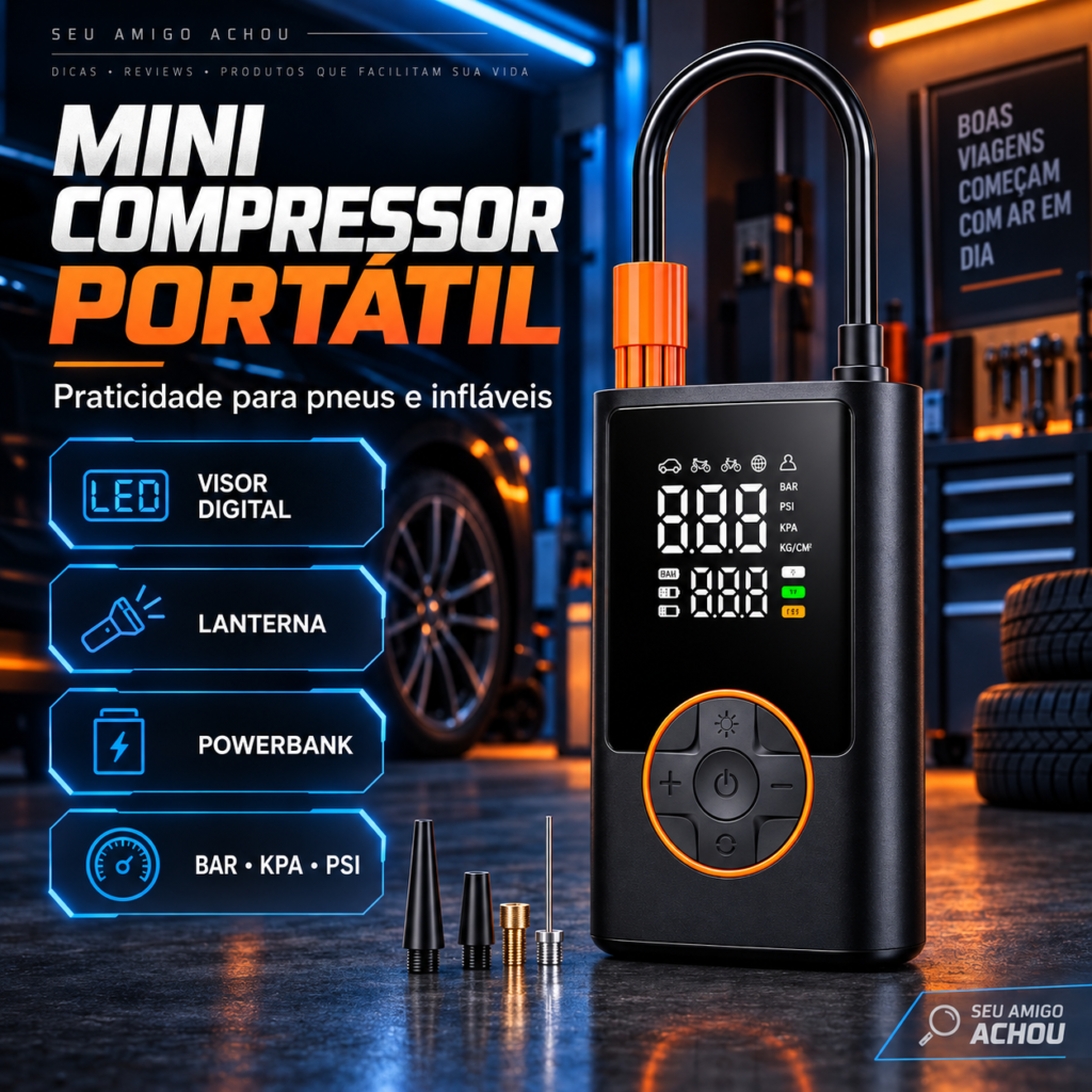 Mini compressor de ar portátil digital com visor LED e acessórios