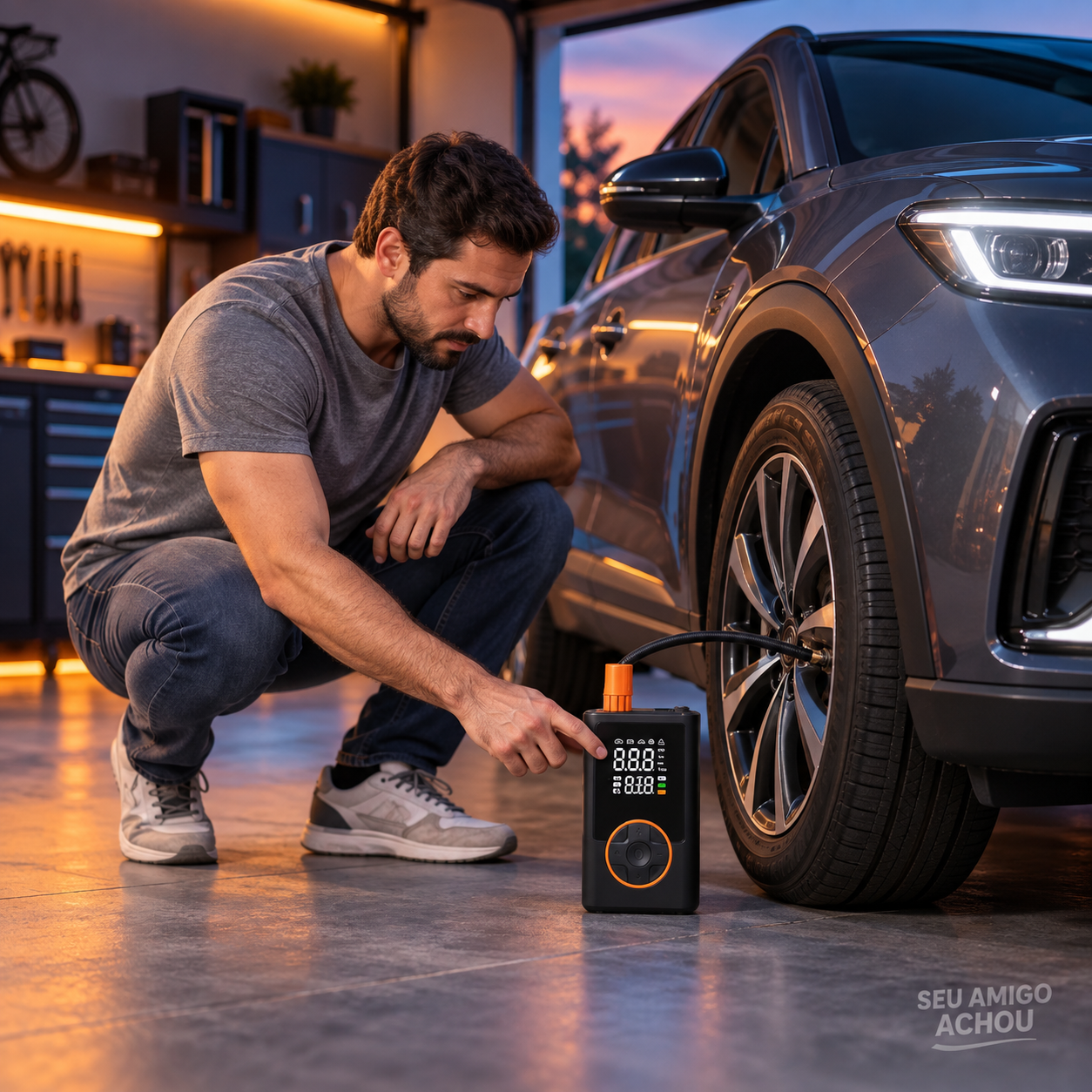 Motorista usando mini compressor de ar portátil digital para calibrar pneu de carro