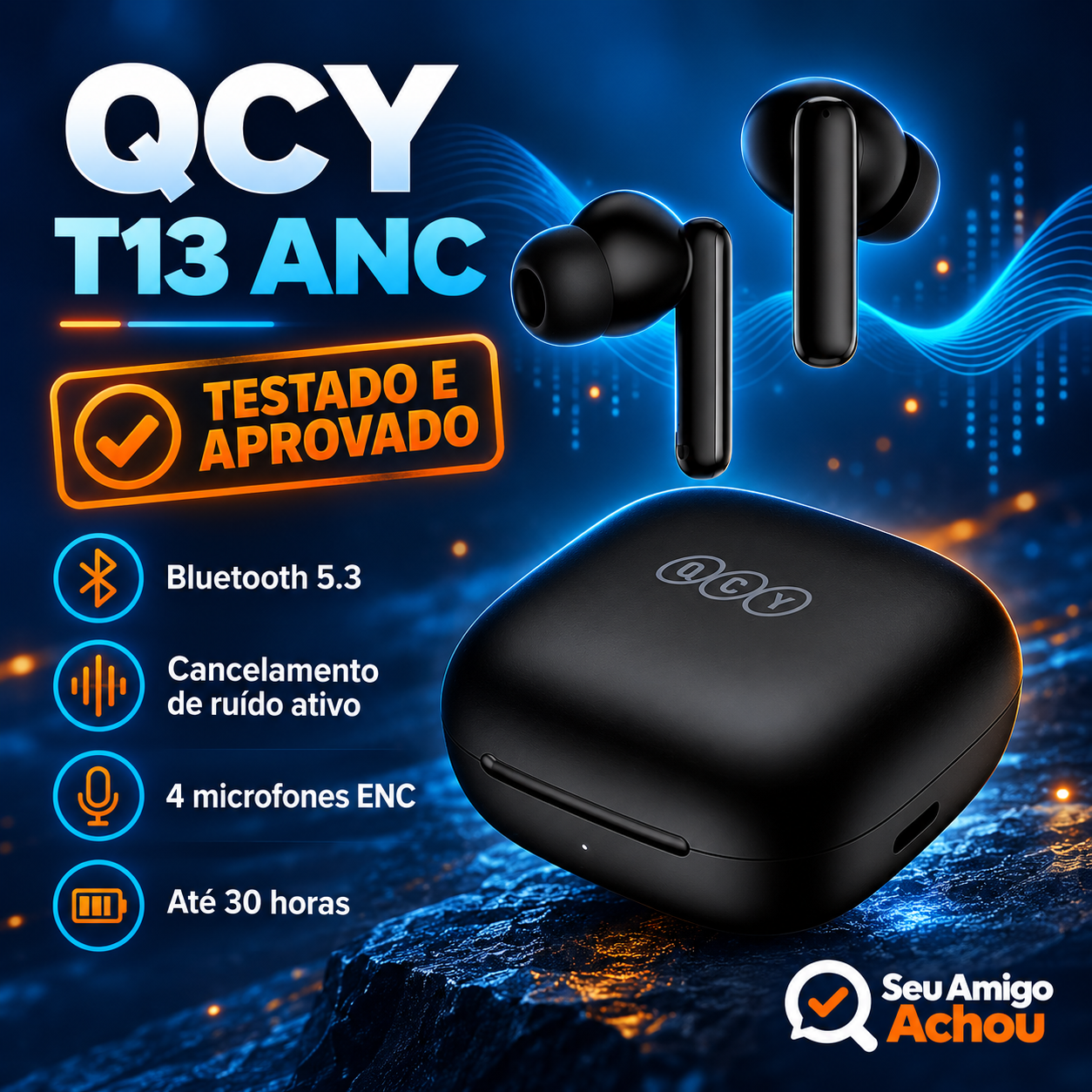 Fone QCY T13 ANC preto com Bluetooth 5.3, cancelamento de ruído ativo e estojo