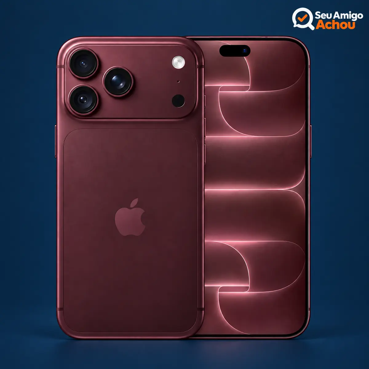 iPhone 18 Pro bordô em vista frontal e traseira sobre fundo azul-marinho
