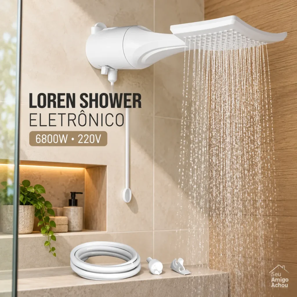 Chuveiro Lorenzetti Loren Shower Eletrônico branco 6800W 220V em banheiro moderno