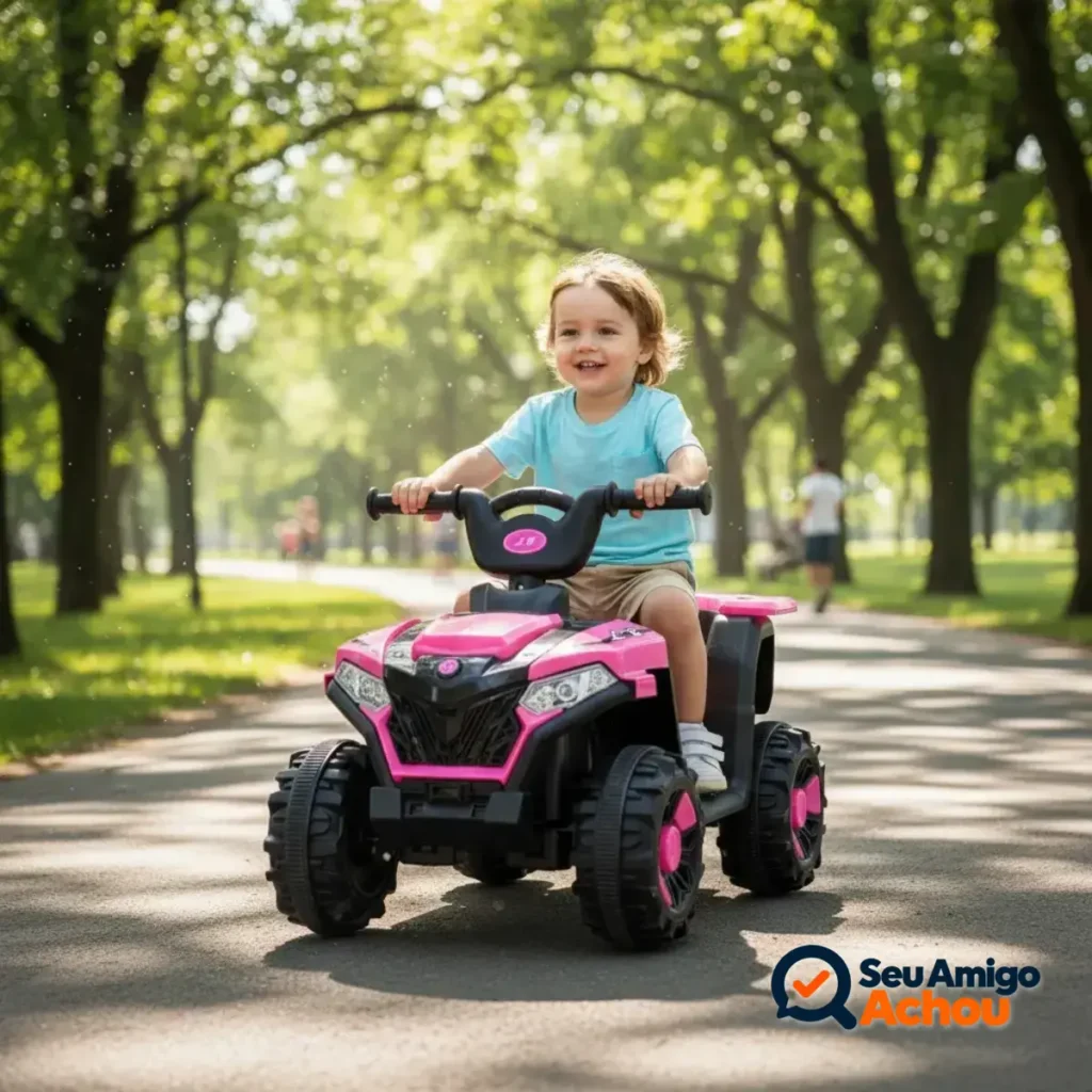 Criança andando em quadriciclo elétrico infantil 6V rosa com farol LED e som