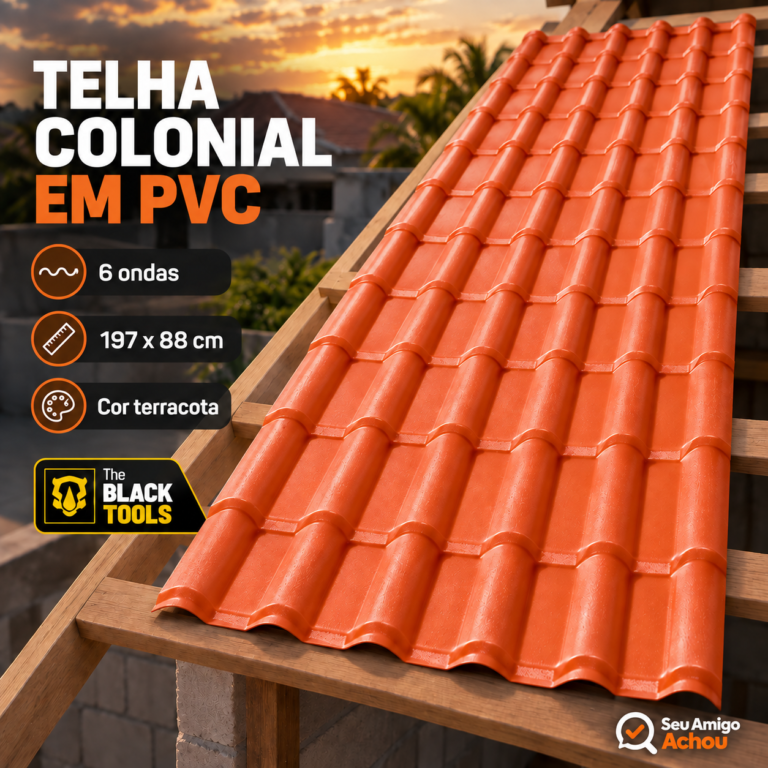 Telha colonial de PVC terracota The Black Tools com seis ondas e medida de 197 por 88 centímetros