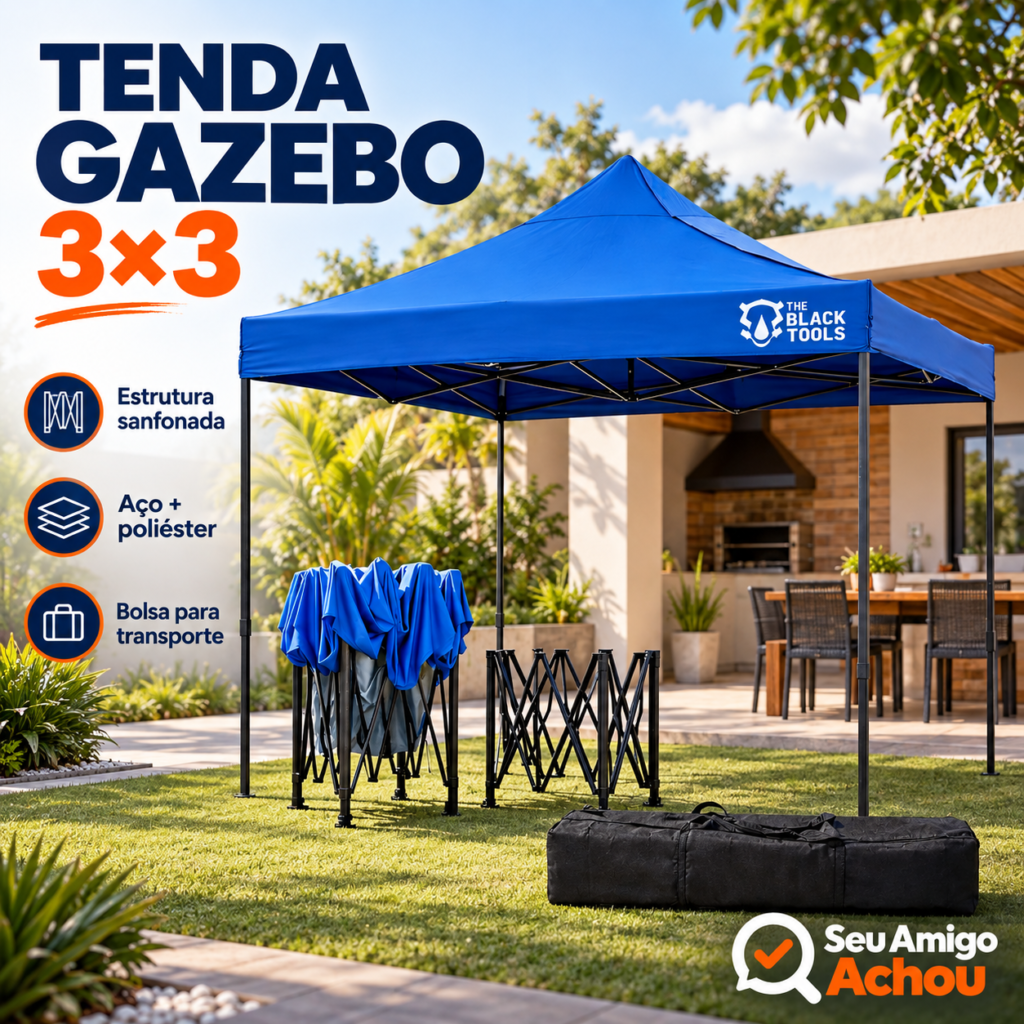 Tenda gazebo azul The Black Tools 3x3 metros com estrutura sanfonada de aço e bolsa de transporte