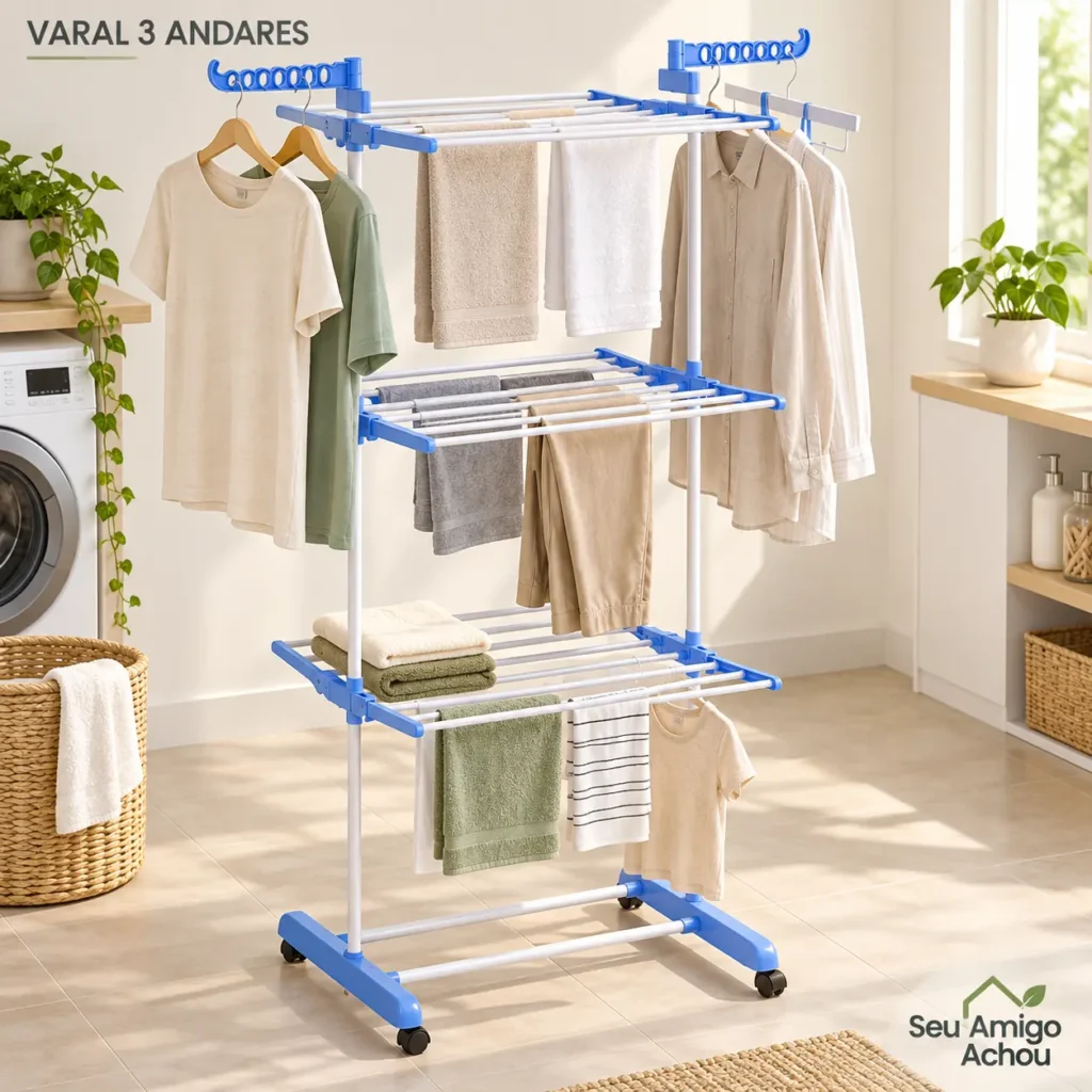 Varal de chão Kontuz azul dobrável com três andares, braços para cabides e rodinhas
